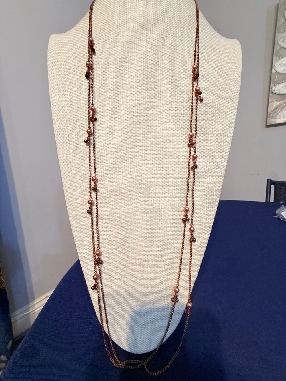 Vintage 40” Copper Tone Pearl Station Long Necklace
